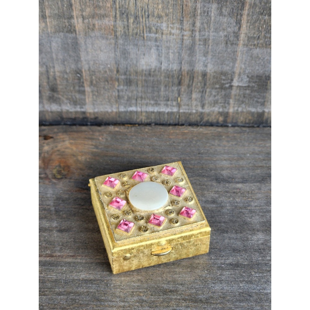 Vintage Gold Tone Pill Box Pink Rhinestone Faux Mother of Pearl Mid Century